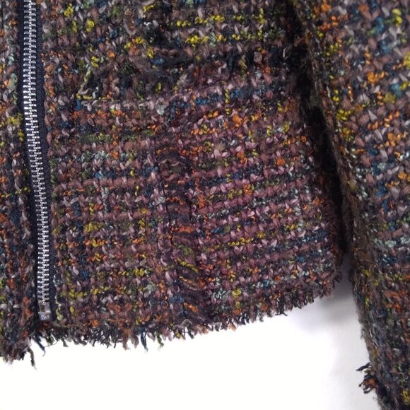 Dark/Bright Multicolor Distressed Seams Tweed Moto Style Short Jacket Size 0 - Picture 2 of 7